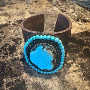 Turquoise and Dark Brown/ Black Beaded Cuff Bracelet